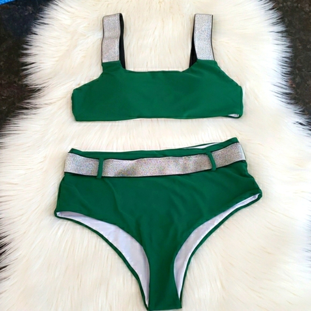 Metallic Straps Bikini Set with Highwaist Bottoms - Picture 4 of 8